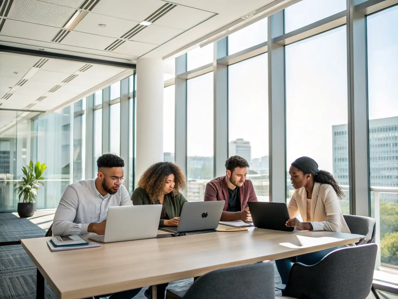 A modern office space in Cambridge, UK, with people collaborating on laptops and whiteboards, symbolizing the high-tech innovation ecosystem.