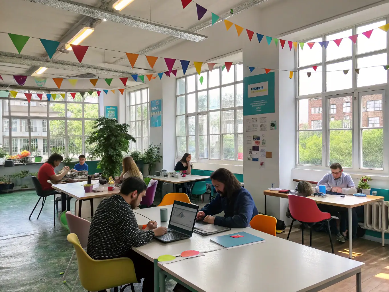 A bustling co-working space in London, UK, with diverse professionals working on various projects, representing the city's diverse innovation ecosystem.