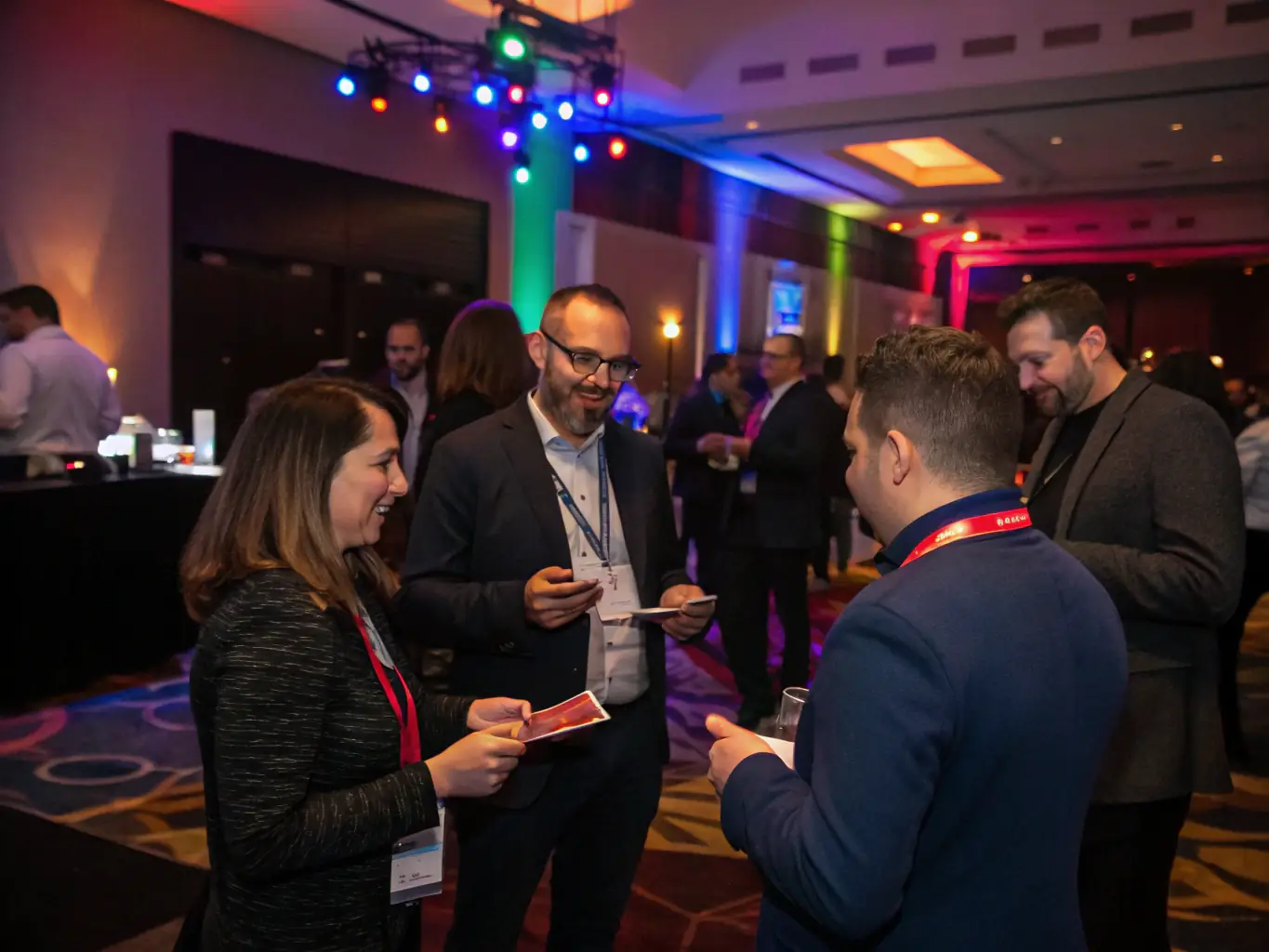 A diverse group of professionals networking at a successuk.site innovation conference, exchanging business cards and engaging in lively conversation.