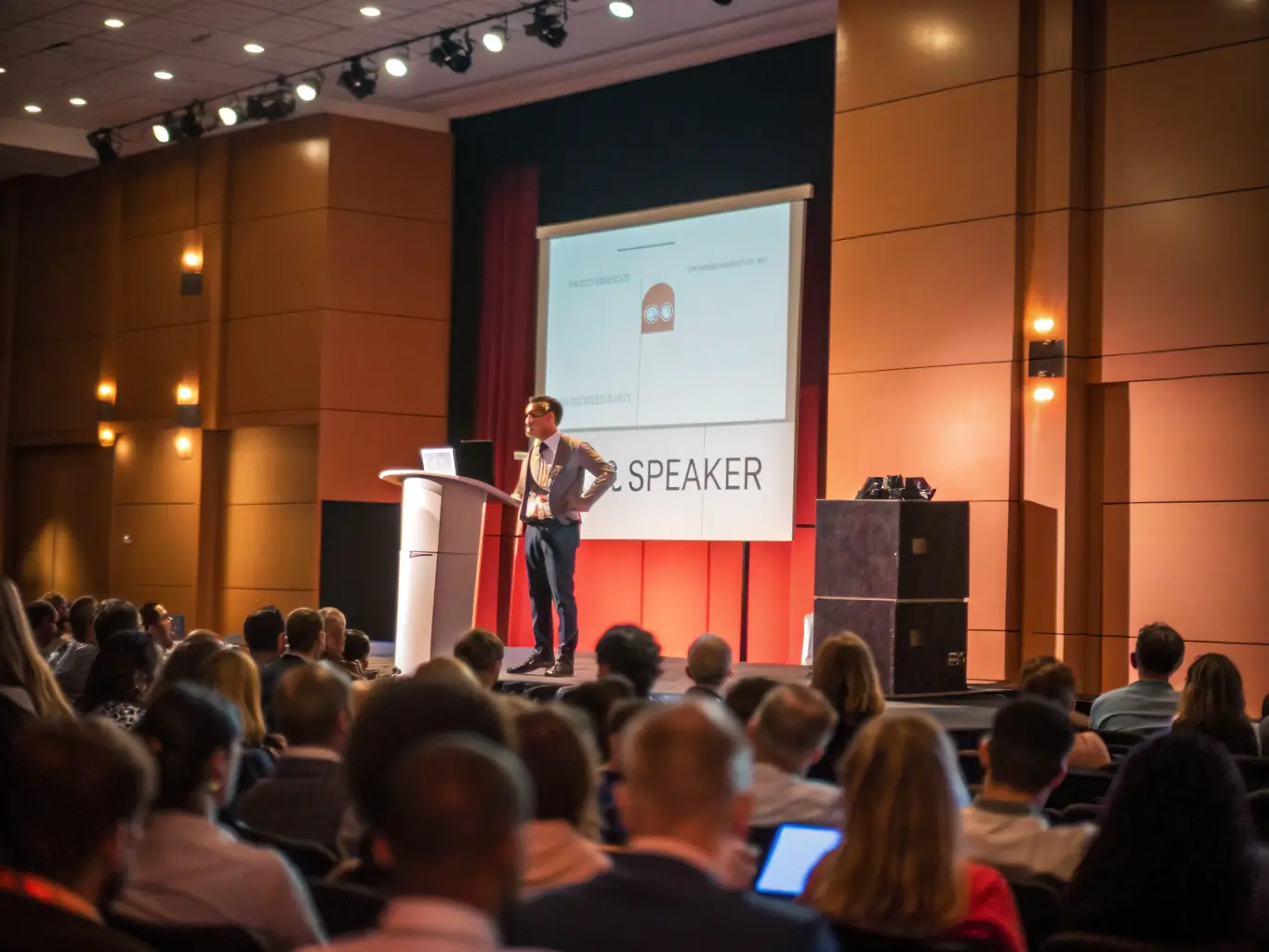 A speaker on stage at a successuk.site innovation conference, delivering a keynote address to an attentive audience.