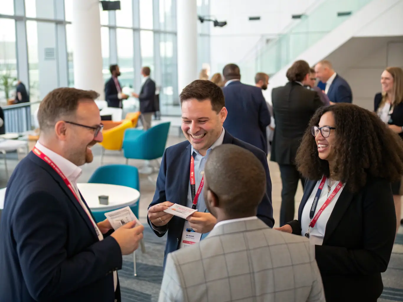 A photograph of a networking event at a conference, with people exchanging business cards and engaging in conversation. The atmosphere is lively and professional.